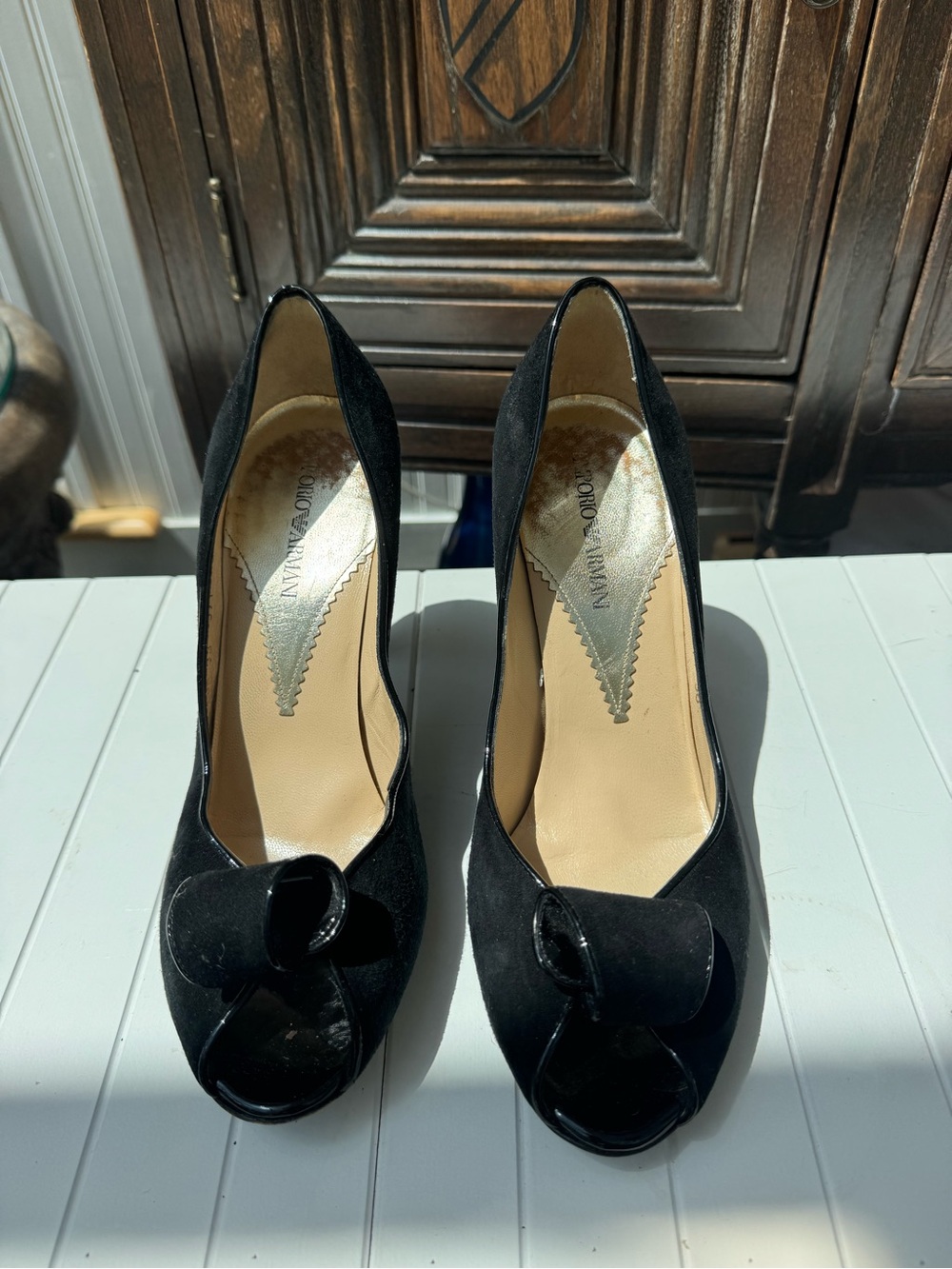 Giorgio Armani Black Suede Peep-Toe Pumps with Knotted Bow